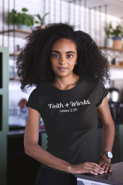 Woman wearing black Faith Works Ladies t shirt