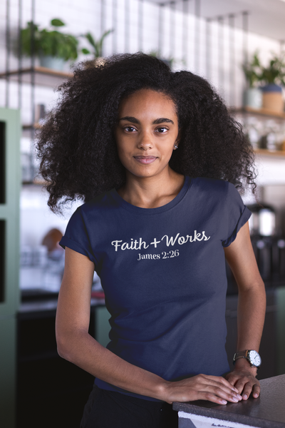 Woman wearing navy blue Faith Works Ladies t shirt