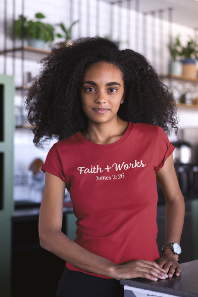 Woman wearing red Faith Works Ladies t shirt