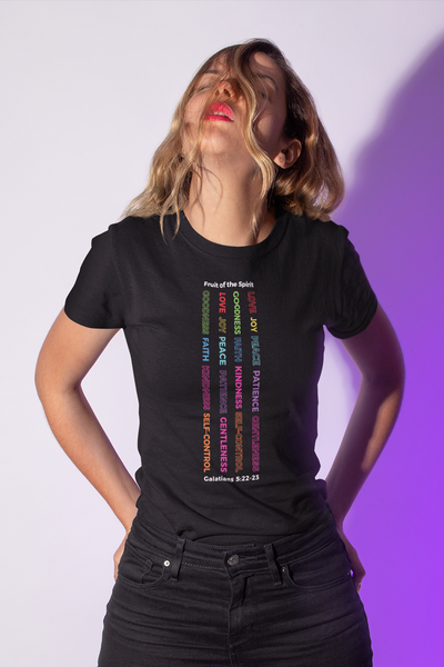 Woman wearing black Fruit of the Spirit unisex t shirt
