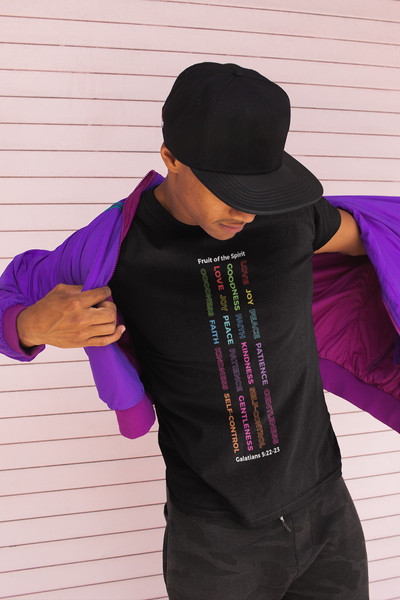 Man wearing black Fruit of the Spirit unisex t shirt