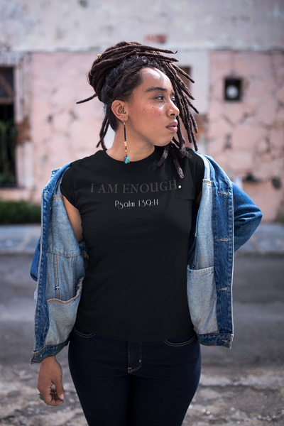 Woman wearing black I Am Enough Ladies t shirt