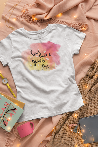 White Love Never Gives Up Ladies t shirt product view