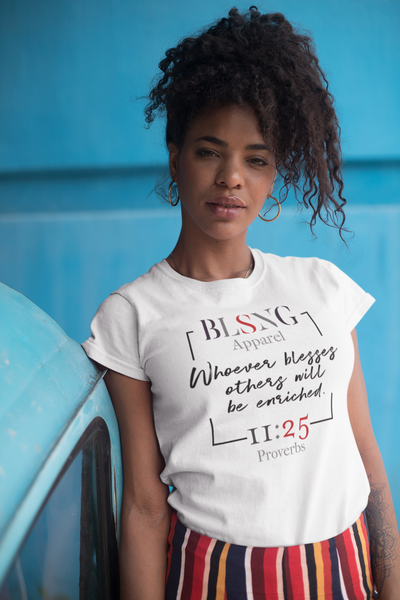 Woman wearing white BLSNG Apparel square unisex t shirt