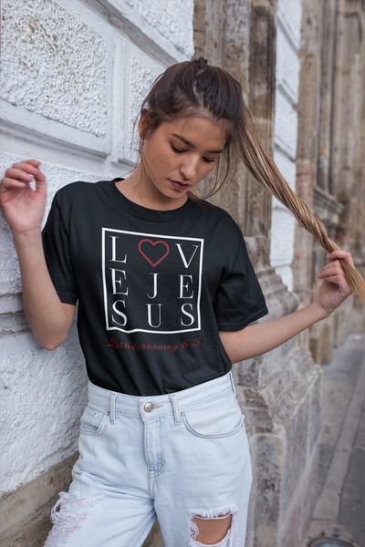 Woman wearing black Love Jesus Ladies t shirt